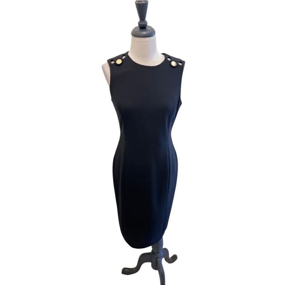 Calvin Klein Women's Sleeveless Gold Button Shoulder Cutout Sheath Dress Black 4
